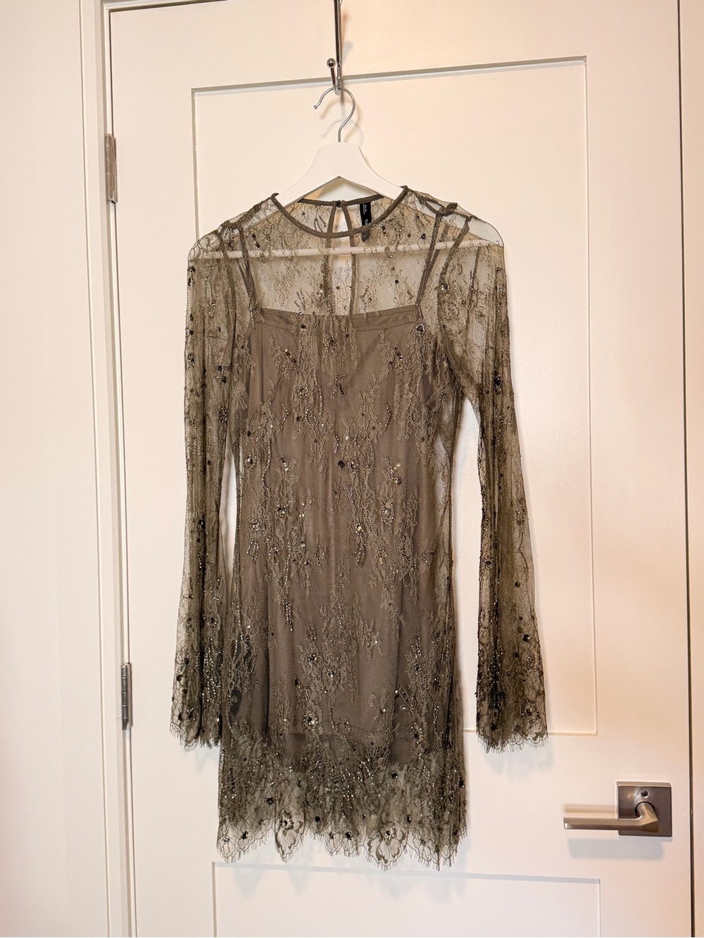 Mango Olive Green Beaded Lace Long-Sleeve Mini Dress
